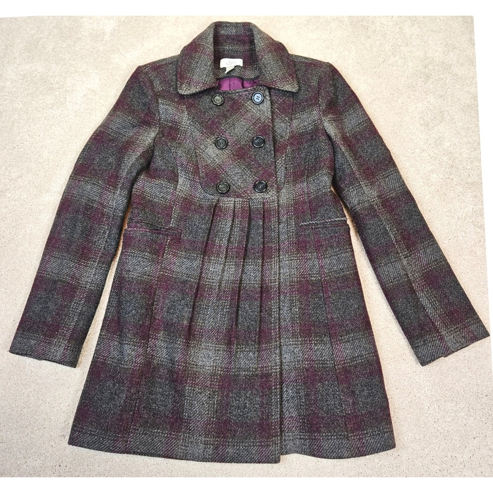 Ann Taylor LOFT Plaid Wool‎ Blend Double Breasted Fit Flare Coat Tailored Size 2